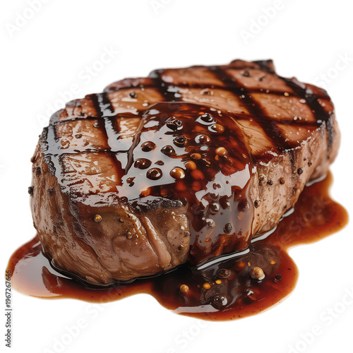 Closeup Black Pepper Steak with the black pepper sauce isolated on white background