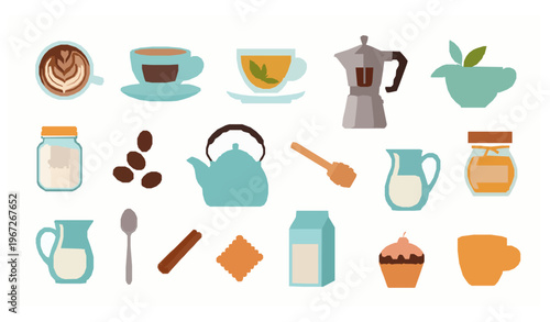 Colorful flat vector coffee and tea icons with mugs, pots, and accessories for café design