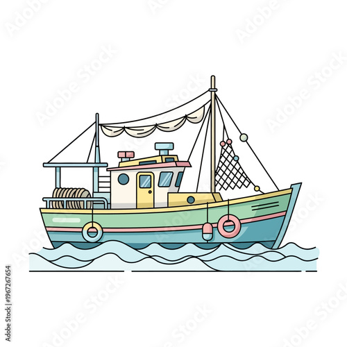 Cartoon Fishing Boat Illustration with Net and Waves