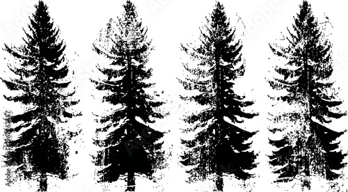 Silhouette of four fir trees with natural needles and pine cones in black ink sketch