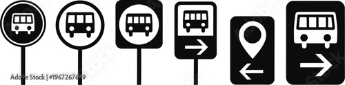 Collection of public transport signage illustrations featuring bus silhouettes and directional pointers in various geometric frames for urban transit maps.