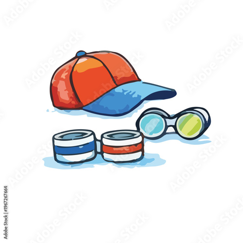 Watercolor illustration of tennis accessories including a cap, wristbands, and sports sunglasses.

