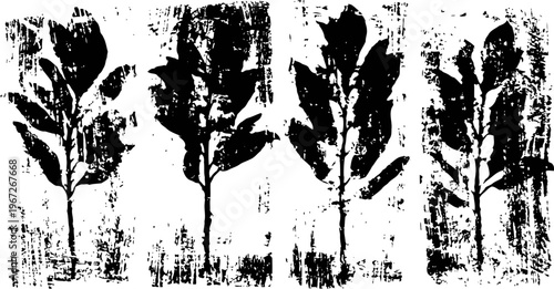 grunge textured set of leafy branches with rough black ink strokes and distressed background