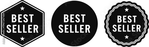 Set of black best seller badges with stars and various shapes including hexagon circle and scalloped edge for product marketing.