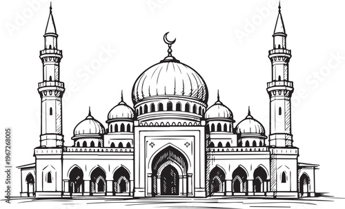 A majestic mosque with a large central dome and two minarets