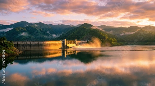 Concrete dam releases misty water into a reflective reservoir Lush green mountains rise under a vibrant sunrise sky