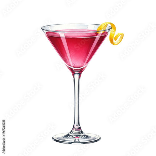 Vibrant pink cosmopolitan cocktail in a martini glass with a lemon zest garnish, watercolor illustration on a white background, concept of sophisticated celebration