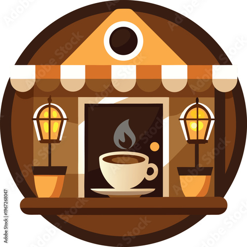 Cozy Coffee Shop Window with Lanterns and Coffee Cup
