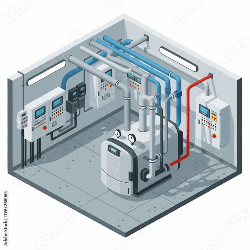 Isometric Illustration of a Modern Industrial Boiler Room.