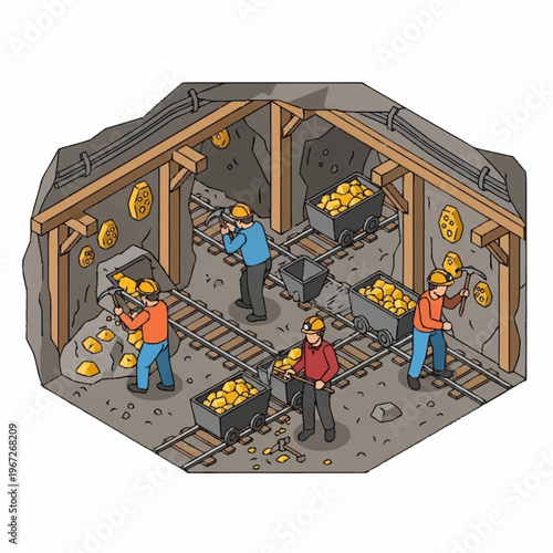 Isometric Gold Mine Scene with Miners and Ore Carts.