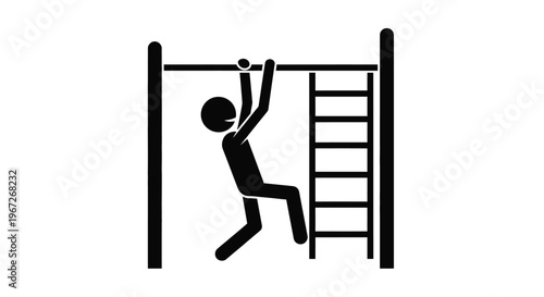 A simple black and white pictogram of a person hanging from a bar