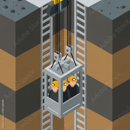 Mine Shaft Elevator with Workers Illustration.