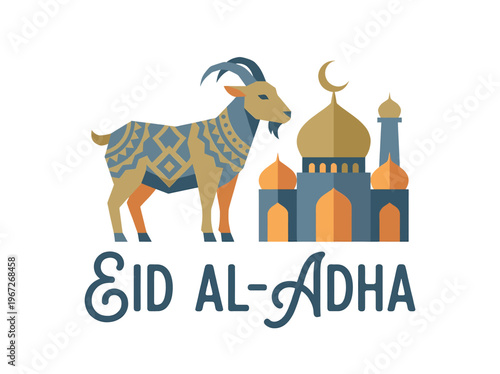 Eid Al Adha Islamic Festival Goat and Mosque Illustration.