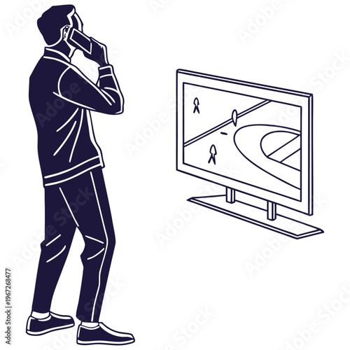 Silhouette of a man using a phone while watching a soccer match on television