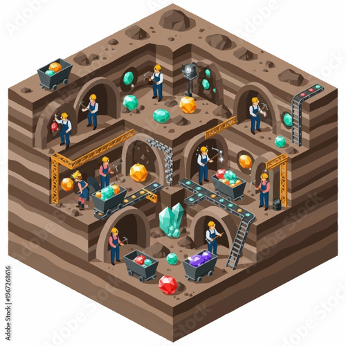 Isometric View of a Mining Operation with Workers and Resources.