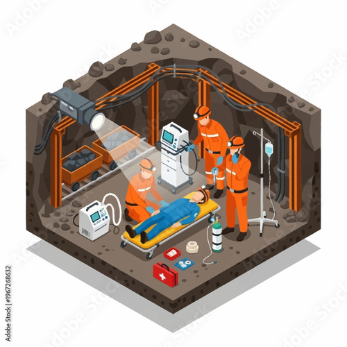 Isometric Mine Rescue Operation with Injured Miner and Rescuers.