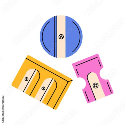 Pencil sharpeners. Cartoon cutters of graphite drawing tool, school stationery supplies for sharpening pencils, simple flat crayon blade equipments. Vector isolated set