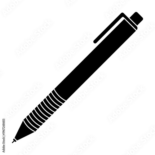 Pen silhouette. Black writing ballpoint ink tool icon simple style, monochrome stylus pen or pencil stationery object flat design. Vector isolated illustration