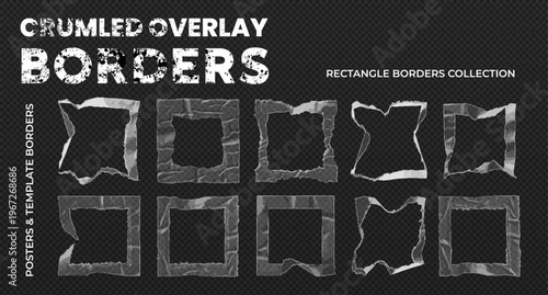 Realistic Crumpled Paper Borders Collection - Grunge Overlay Frames with Torn Edges on Transparent Background