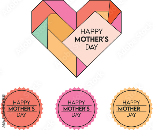 Colorful happy mothers day heart and circle badges for celebration isolated on white background
