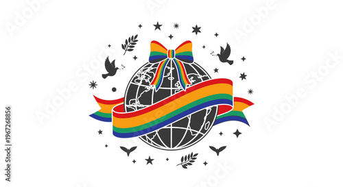 Globe with rainbow ribbon symbol.