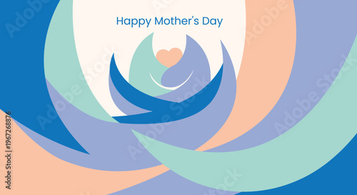 Happy mothers day greeting card with a colorful abstract design featuring a heart and swirling shapes in blue, green, and peach hues on a white background