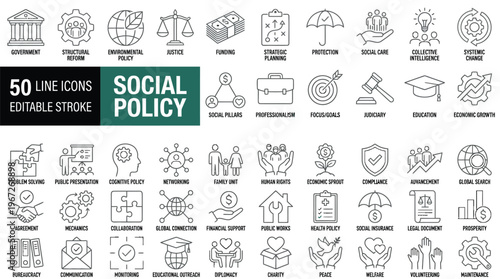 Set of 50 Social Policy line icons set. Social Policy outline icons with editable stroke collection. Includes Family, Human Resources, Welfare, Government, Justice and More.