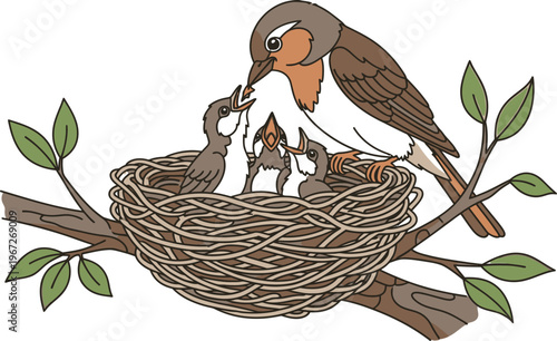 A heartwarming cartoon illustration depicts a loving mother bird diligently feeding her hungry baby chicks nestled securely within their cozy home on a sturdy tree branch against a soft sky.