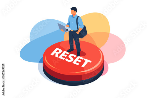 Man standing on a large red reset button holding a laptop.