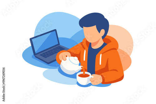 Man Pouring Tea Next to Laptop Computer.