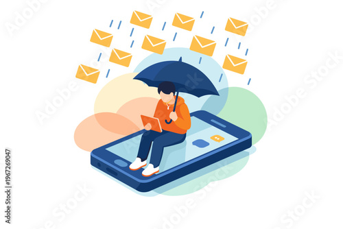 Person reading book on smartphone under umbrella during email rain.