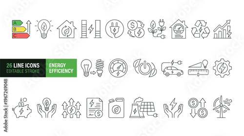 Set of 26 Energy Efficiency line icons set. Energy Efficiency outline icons with editable stroke collection. Includes Electricity Cost, Wind Energy, Energy Saving, Bill, Electric Car, and More.	