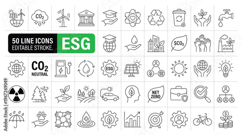 Set of 36 ESG Enviornmental, Social, and Governance line icons set. ESG outline icons with editable stroke collection. Includes Governance, climate crisis, sustainability, ecology, and More.