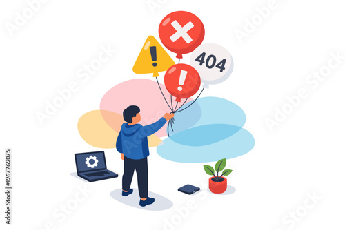 Person holding balloons with error symbols and 404 message.