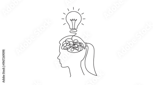 Light bulb idea concept with tangled brain inside a woman's profile silhouette, line art drawing featuring head, thought, thinking with innovation