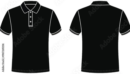 A black polo shirt vector illustration with white outline details