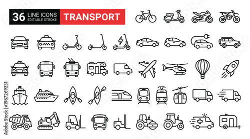 Set of 36 Transport line icons set. Transport outline icons with editable stroke collection. Includes Car, Bus, Forklift, Airplane, Tractor and More.