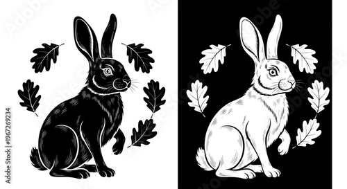 Black and white rabbit sitting still.