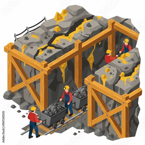 Isometric Gold Mine Illustration with Miners and Ore Carts.