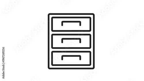 Drawers icon with three stacked compartments and handles, simplified black line outline for organization and storage.