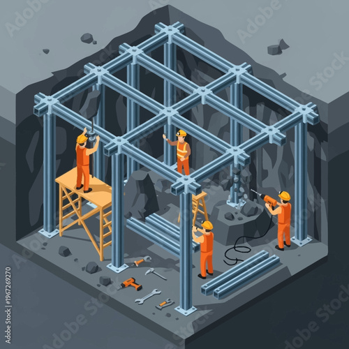 Construction Workers Assembling Steel Structure in a Mine Shaft.