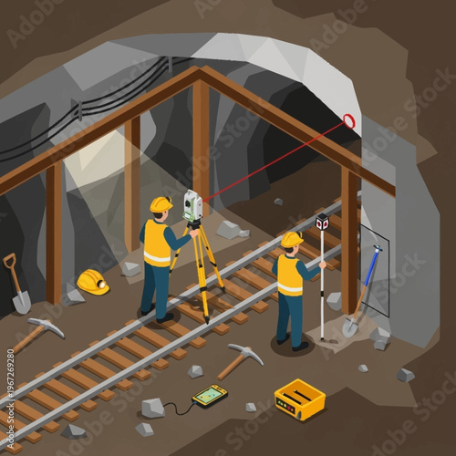 Isometric View of Mine Surveying with Workers and Equipment.