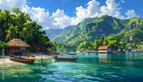 A serene tropical coastal scene with boats and huts