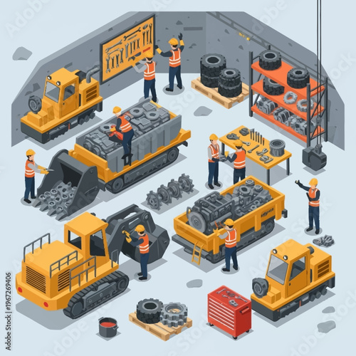 Isometric View of Heavy Equipment Maintenance and Repair Scene.