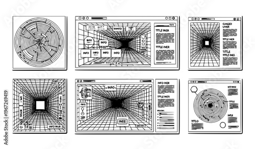 Modern abstract black and white retro futuristic posters with UI interface templates grid tunnel circles acid style vector set
