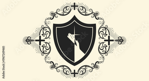 Hand on shield with cross symbol.