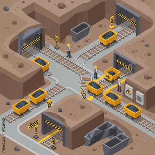 Isometric Mine Scene with Workers and Rail Carts Illustration.