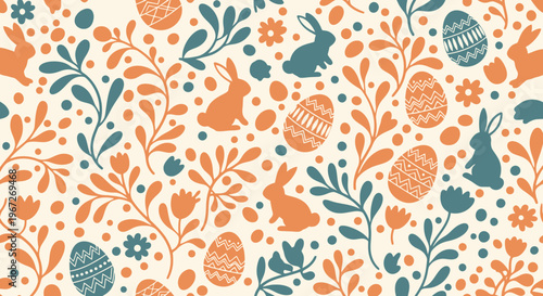 Colorful Easter Bunny and Floral Pattern.