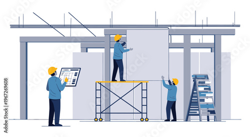 Construction workers on scaffolding building.