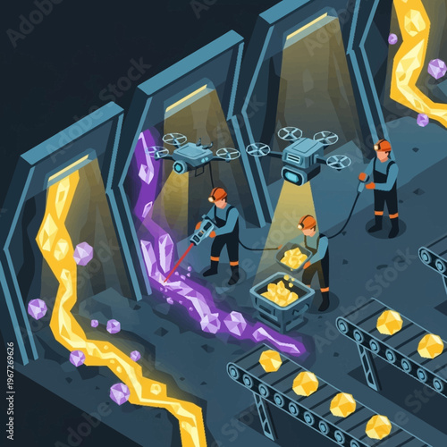 Isometric Mining Operation with Drones and Conveyor Belts.